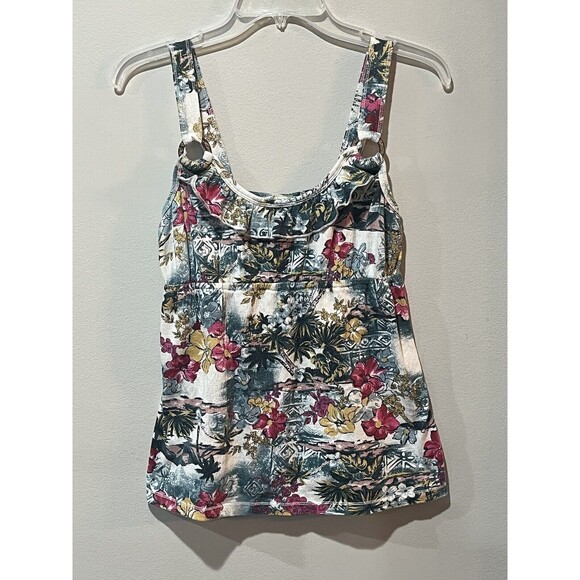 Self Esteem Tank Top Large Y2K Tropical Babydoll Ruffles Hawaiian 90s Floral - Picture 1 of 9